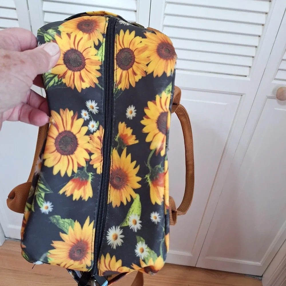 Sunflower Floral Print Crossbody Bag Black Yellow Canvas Satchel Tote Handbag